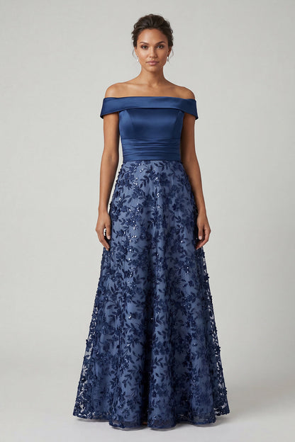 Off The Shoulder Navy Sequins A Line Long Mother of the Bride Dress