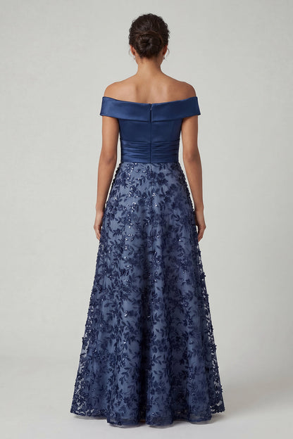 Off The Shoulder Navy Sequins A Line Long Mother of the Bride Dress