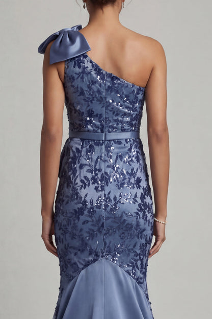 Navy One Shoulder Mermaid Sequin Long Mother of the Bride Dress with Bow