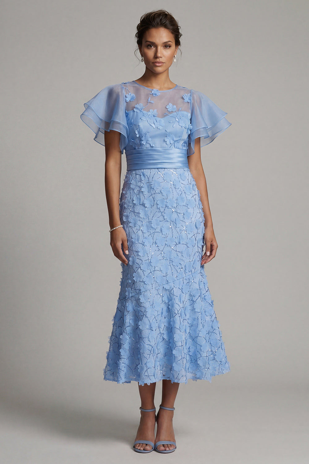 Light Blue Mermaid Appliqued Midi Mother of the Bride Dress with Ruffle Sleeves