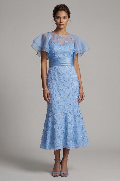 Light Blue Mermaid Appliqued Midi Mother of the Bride Dress with Ruffle Sleeves