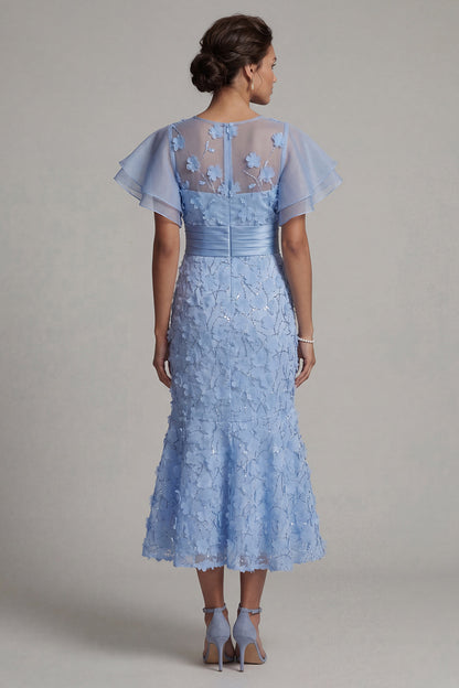 Light Blue Mermaid Appliqued Midi Mother of the Bride Dress with Ruffle Sleeves