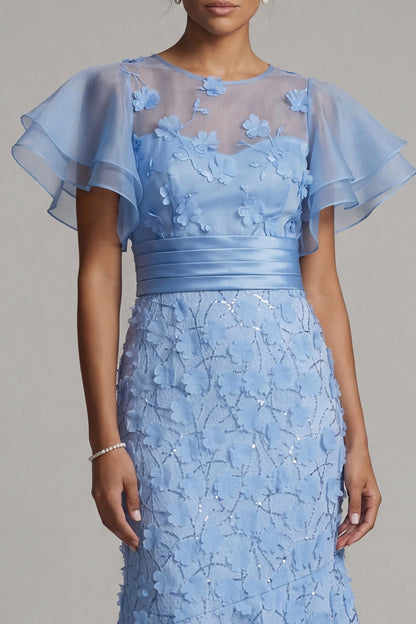Light Blue Mermaid Appliqued Midi Mother of the Bride Dress with Ruffle Sleeves