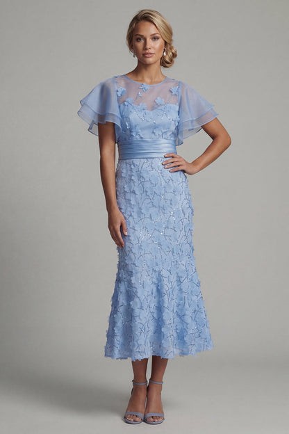 Light Blue Mermaid Appliqued Midi Mother of the Bride Dress with Ruffle Sleeves