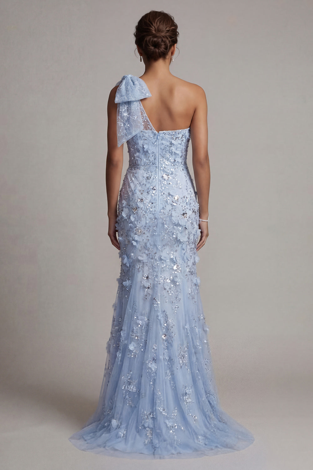 One Shoulder Mermaid Sky Blue Sequin Mother of the Bride Dress with 3D Flowers