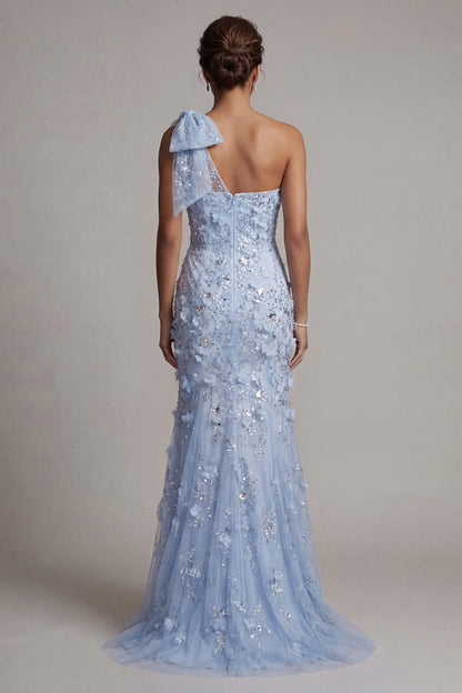 One Shoulder Mermaid Sky Blue Sequin Mother of the Bride Dress with 3D Flowers