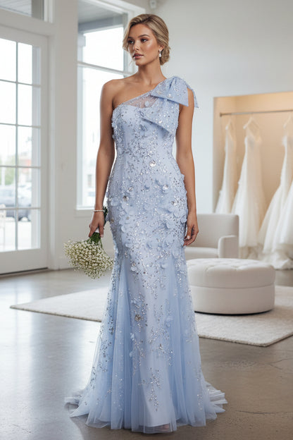 One Shoulder Mermaid Sky Blue Sequin Mother of the Bride Dress with 3D Flowers