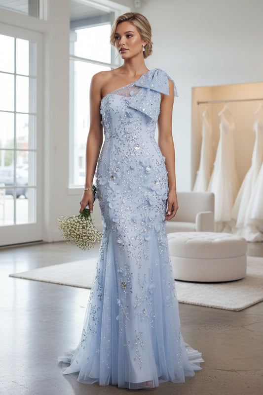 One Shoulder Mermaid Sky Blue Sequin Mother of the Bride Dress with 3D Flowers