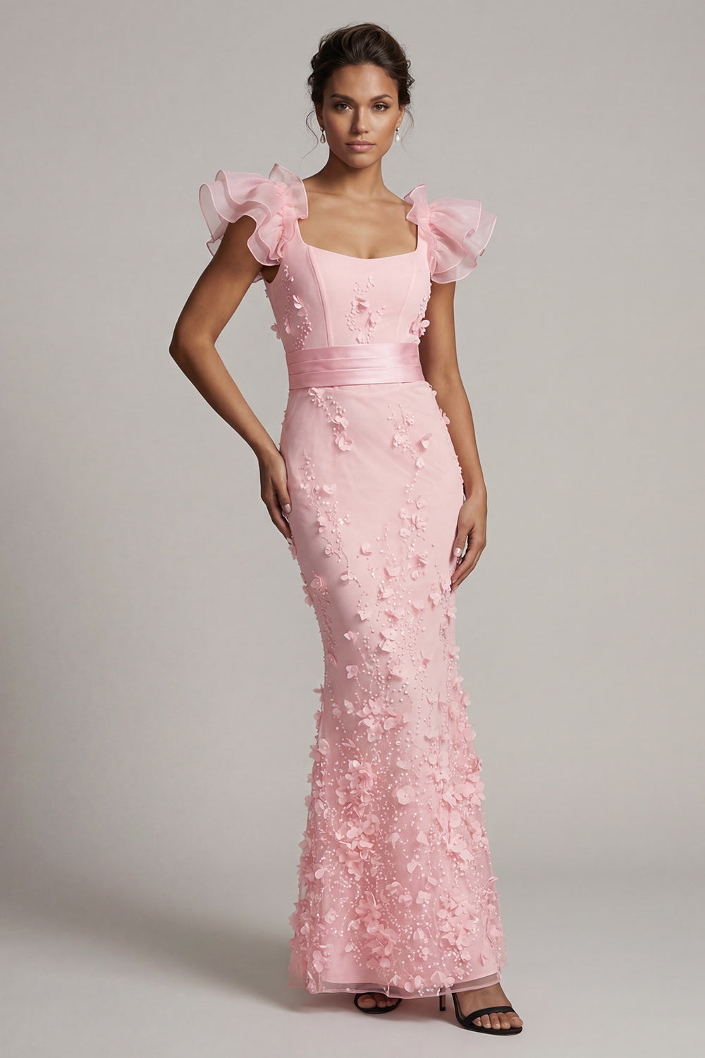 Blush Mermaid Ruffle Sleeves Long Mother of the Bride Dress with 3D Flowers