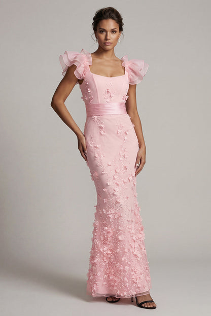 Blush Mermaid Ruffle Sleeves Long Mother of the Bride Dress with 3D Flowers