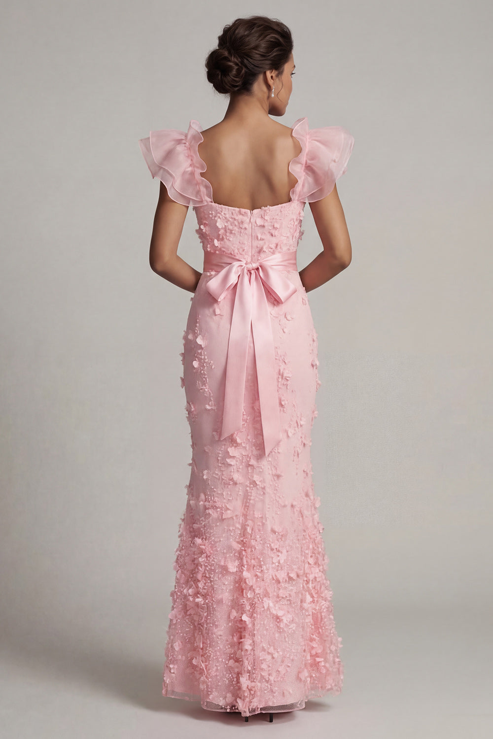 Blush Mermaid Ruffle Sleeves Long Mother of the Bride Dress with 3D Flowers