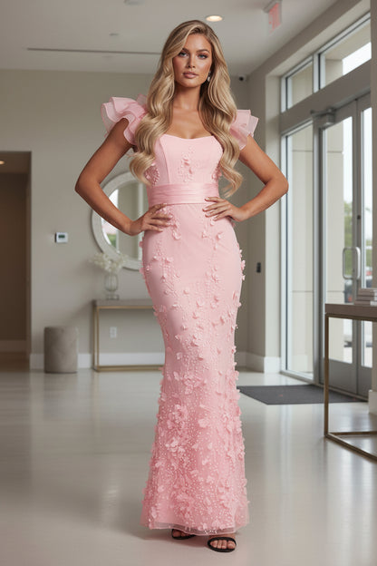 Blush Mermaid Ruffle Sleeves Long Mother of the Bride Dress with 3D Flowers