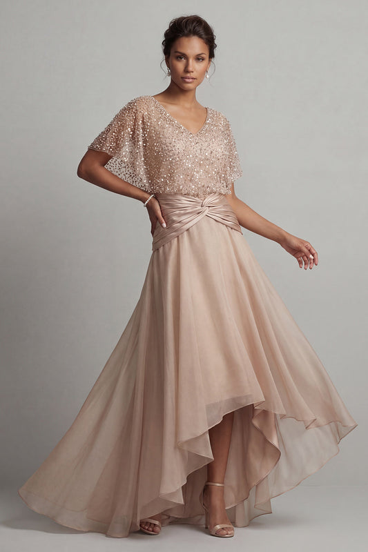 Sparkly Champagne Asymmetrical Ruched Sequin A Line Mother of the Bride Dress