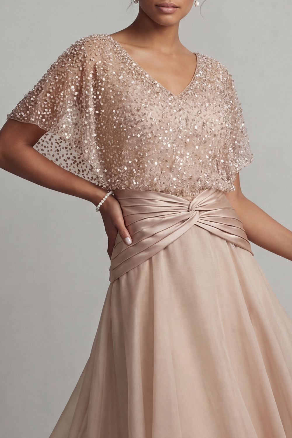 Sparkly Champagne Asymmetrical Ruched Sequin A Line Mother of the Bride Dress