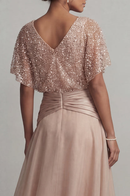 Sparkly Champagne Asymmetrical Ruched Sequin A Line Mother of the Bride Dress