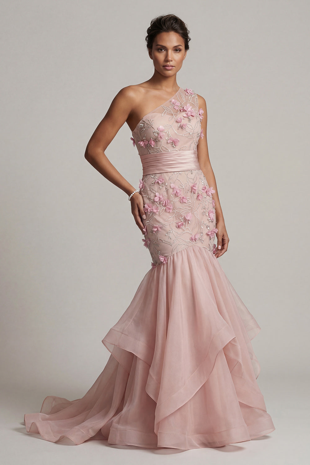 Floral Mermaid Long Blush Mother of the Bride Dress with Ruffles