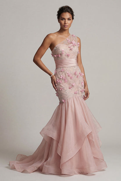 Floral Mermaid Long Blush Mother of the Bride Dress with Ruffles
