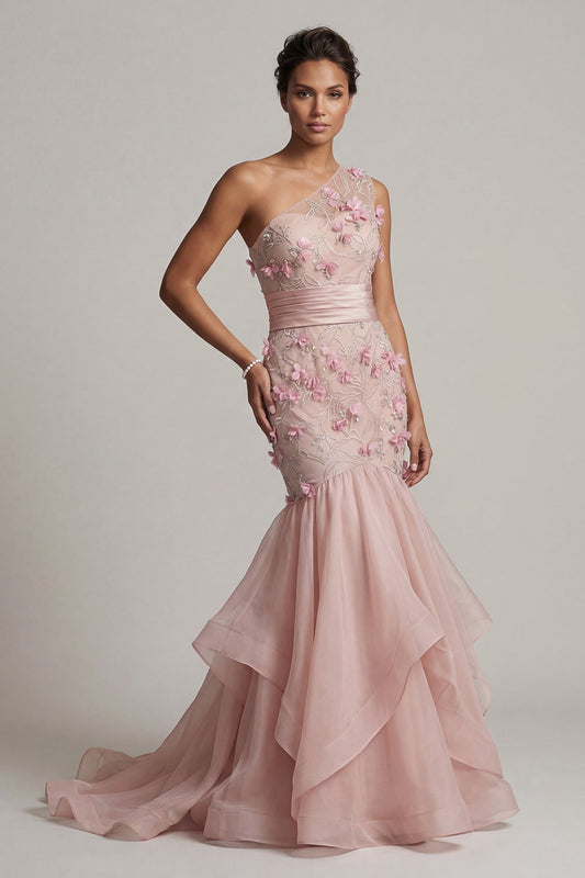 Floral Mermaid Long Blush Mother of the Bride Dress with Ruffles