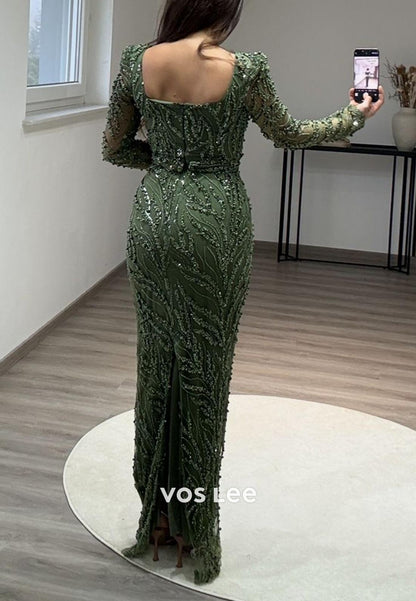Elegance Allover Lace Beaded Long Sleeves Mermaid Evening  Formal Dresses