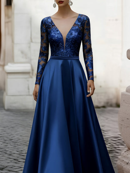 V-Neck Embroidered Lace Long Sleeve Satin Gown