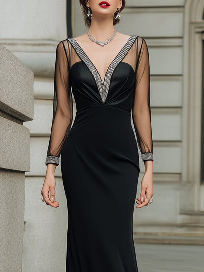 Sheer-Sleeve Colorblock Trim Fitted Evening Gown