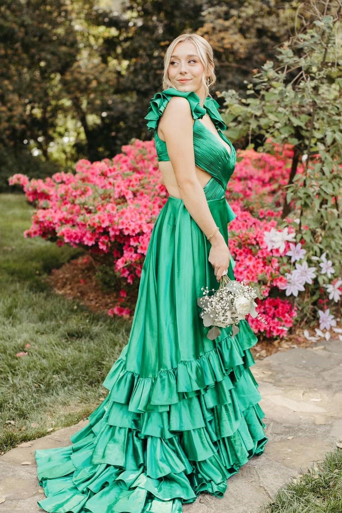 Strapless Champagne Ruffle Long Dress with Side Slit
