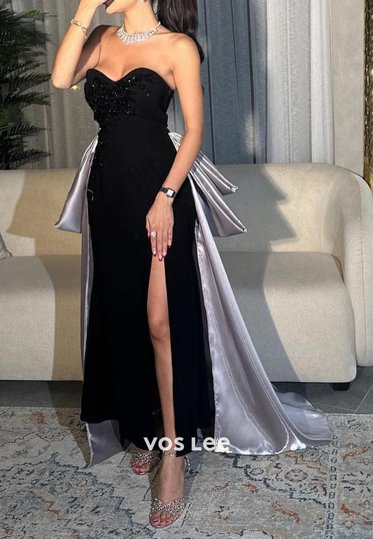 Sweetheart Strapless Beaded Sheath Evening Dresses with Sweep Train