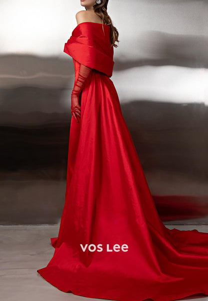 Red - Long Sleeve Off the Shoulder Mermaid Prom Dresses with Court Train