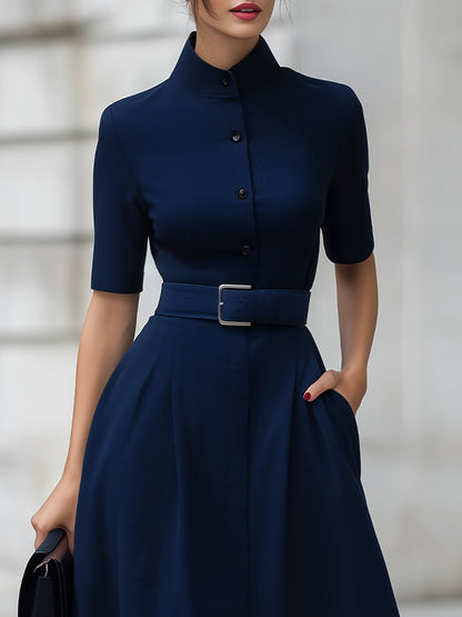 Navy High Neck Short Sleeve Belted Fit-and-Flare Midi Dress