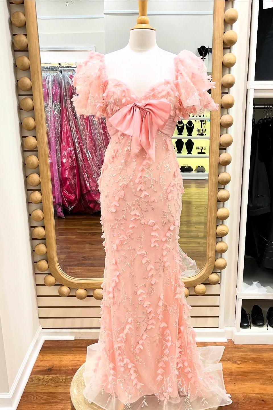 Short Puff Sleeves Pink Empire Long Formal Dress