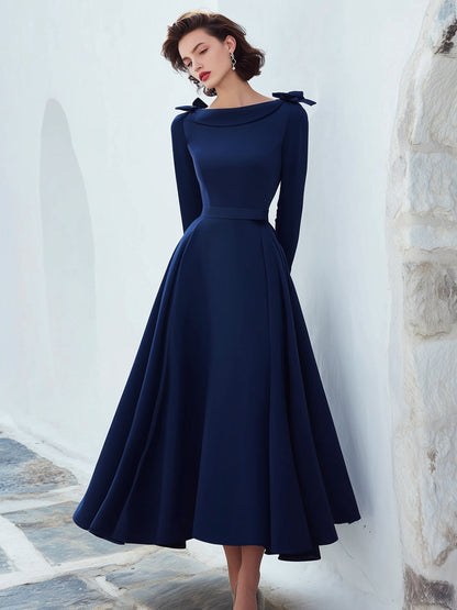 Navy Bow-Shoulder Long-Sleeve Midi Dress