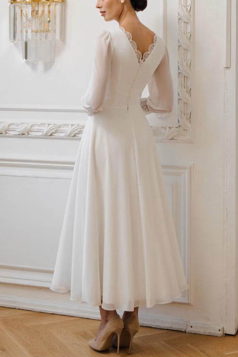 Boat Neck Three-Quarter Sleeve Chiffon Midi Wedding Dress Modest Casual Bridal Gown