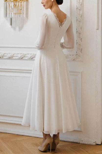 Boat Neck Three-Quarter Sleeve Chiffon Midi Wedding Dress Modest Casual Bridal Gown