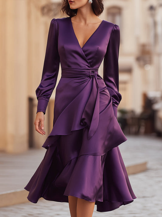 Deep Purple Satin Wrap Dress With Layered Hem