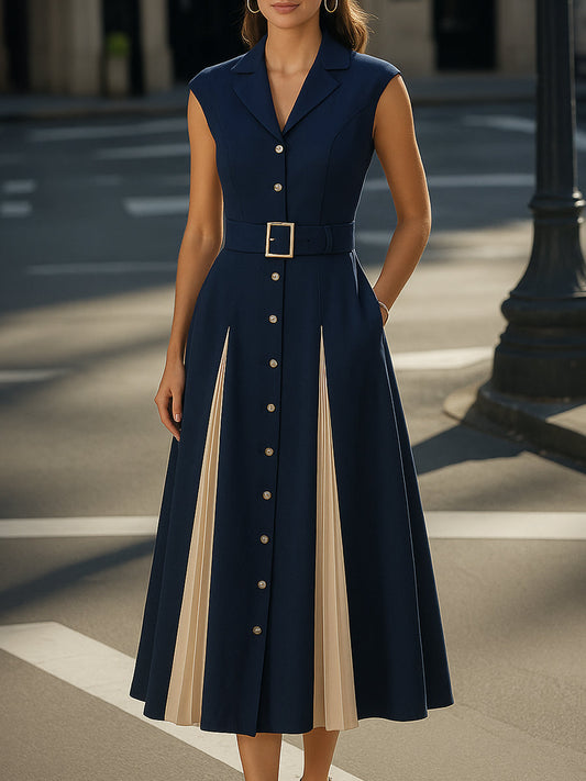 Chic Belted Midi Dress With Contrast Pleated Panels
