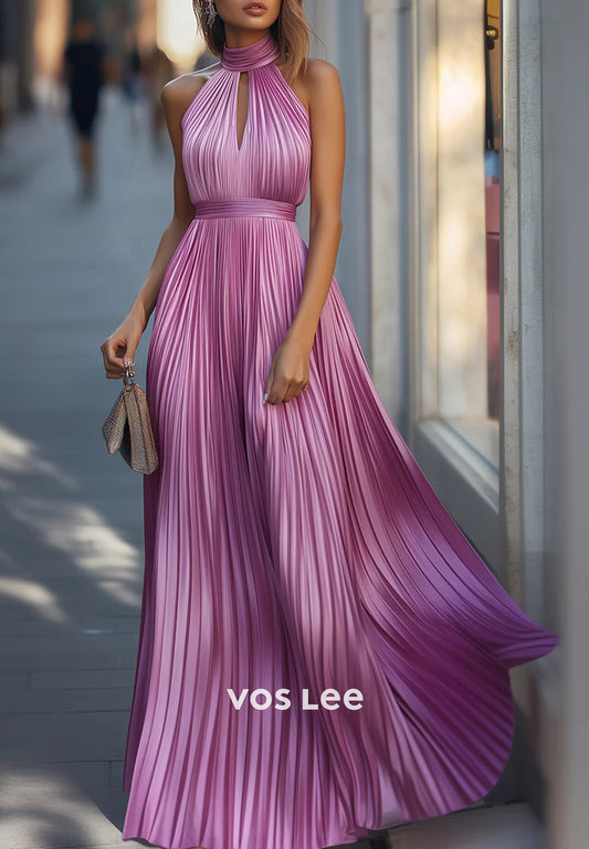 Gorgeous & Charming A-Line Halter Floor-Length Pleated Wedding Guest Dresses
