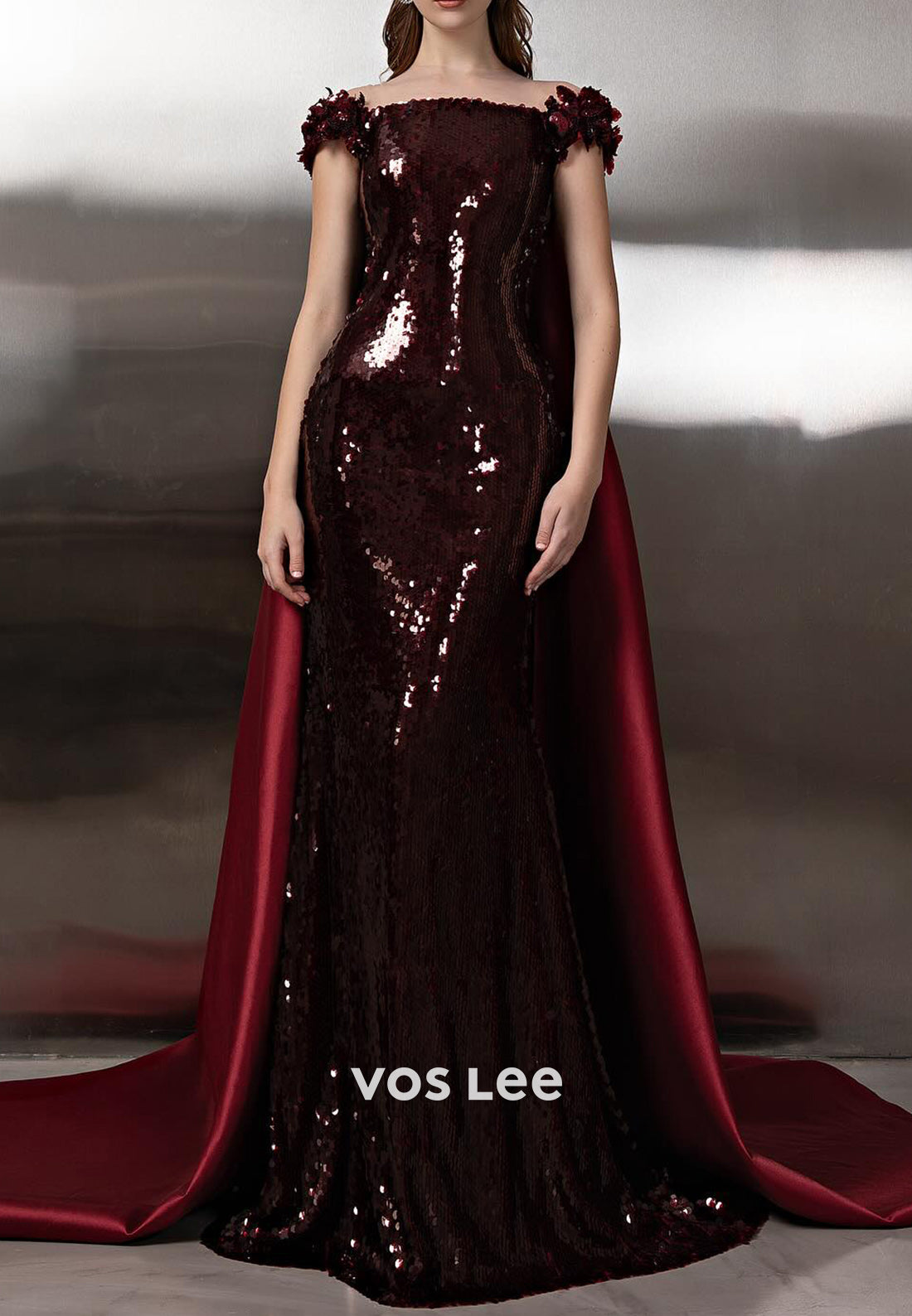 Elegant & Luxurious Burgundy Cap Straps Sequined Mermaid Prom Dresses
