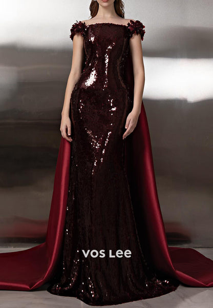 Elegant & Luxurious Burgundy Cap Straps Sequined Mermaid Prom Dresses