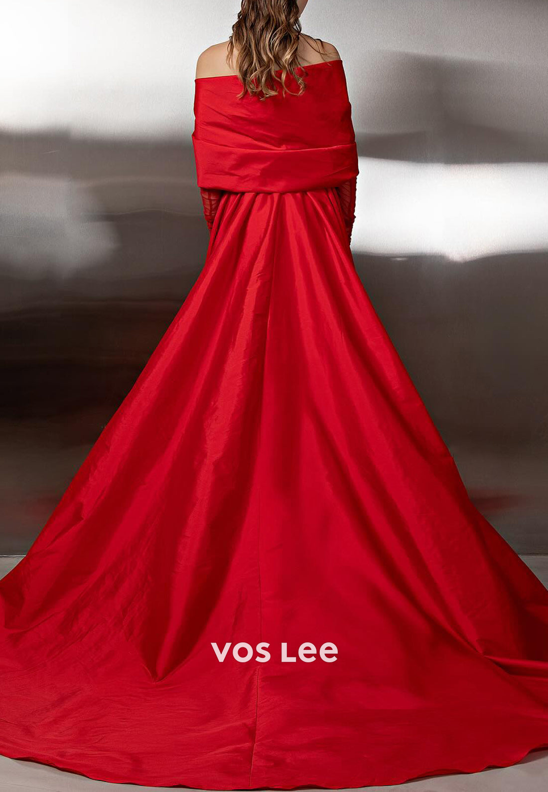 Red - Long Sleeve Off the Shoulder Mermaid Prom Dresses with Court Train