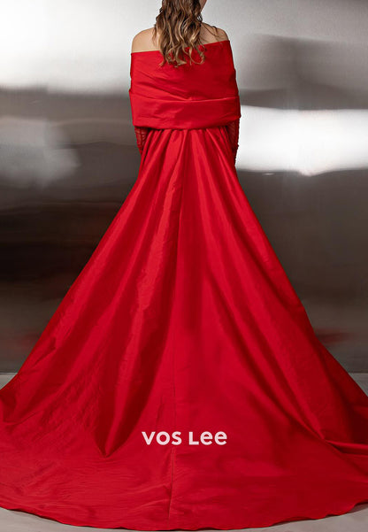 Red - Long Sleeve Off the Shoulder Mermaid Prom Dresses with Court Train