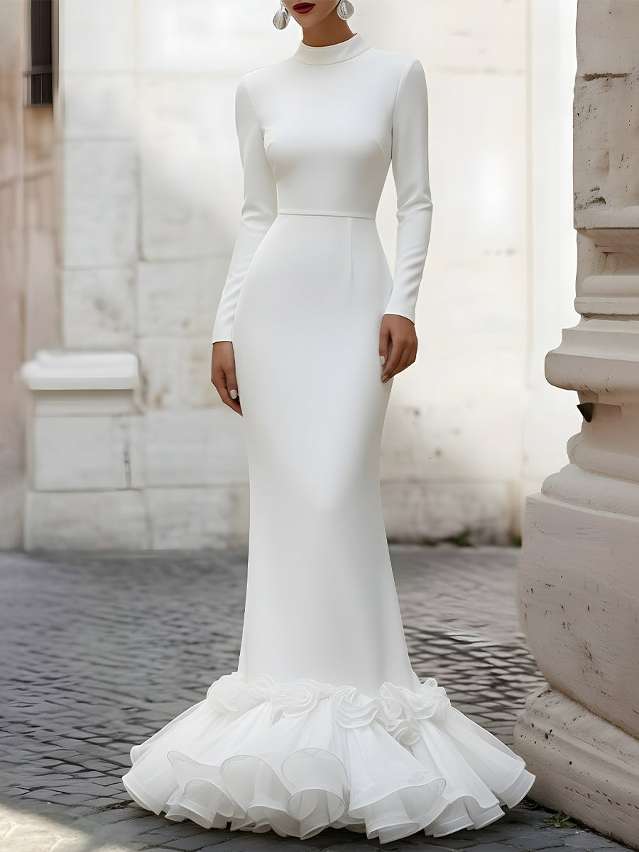 Long-Sleeve Gown With Organza Hem Ruffles