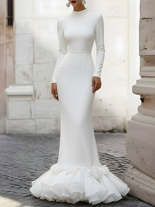 Long-Sleeve Gown With Organza Hem Ruffles