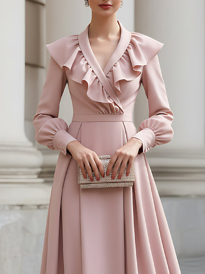 Ruffled Wrap-Neck Long Sleeve Midi Dress