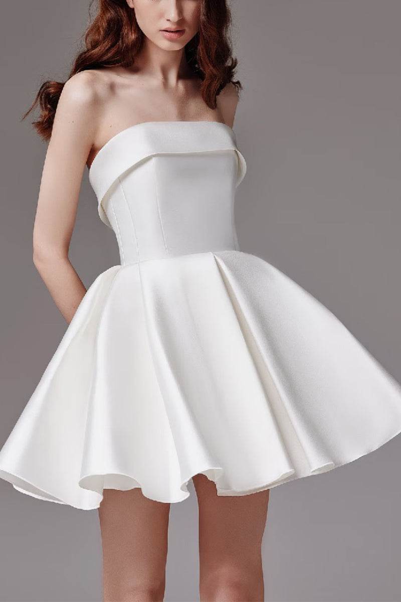 Strapless Satin Mini Wedding Dress with Oversized Bow and Detachable Train