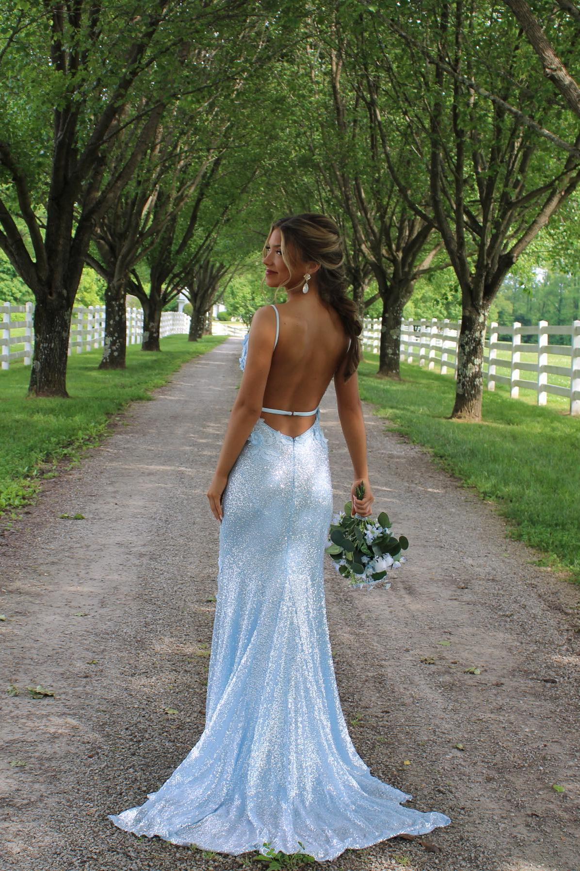 Light Blue Sequin Fitted Formal Dress with 3D Flowers