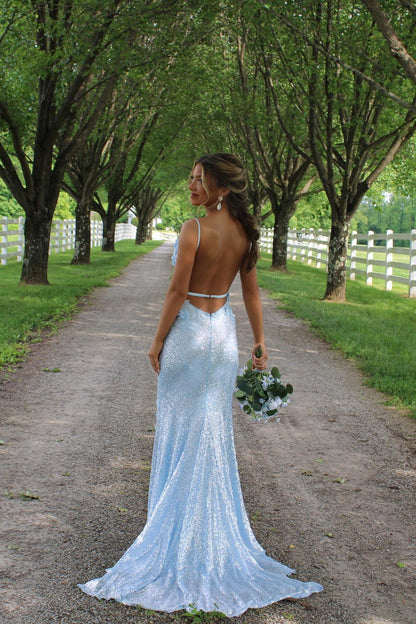 Light Blue Sequin Fitted Formal Dress with 3D Flowers