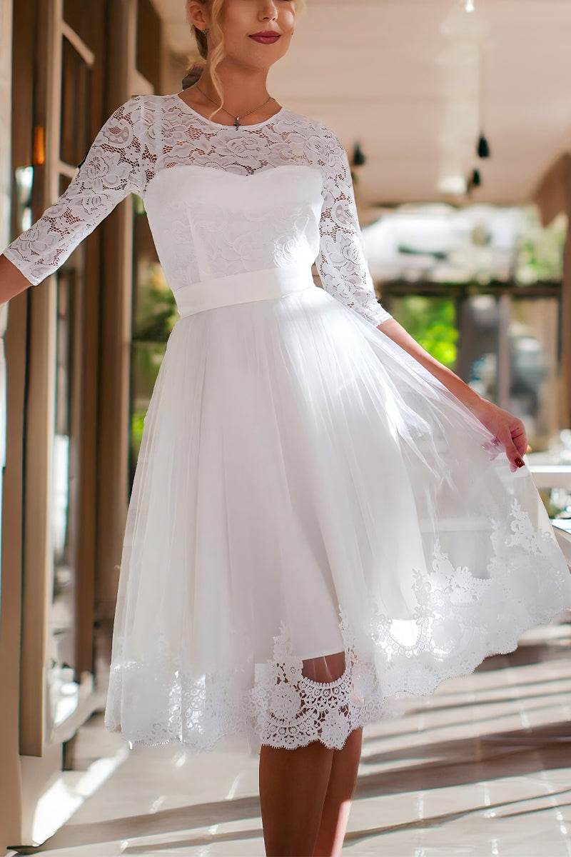 Lace Sleeve White Tea-Length Wedding Dress | 3/4 Sleeve A-Line Bridal Gown