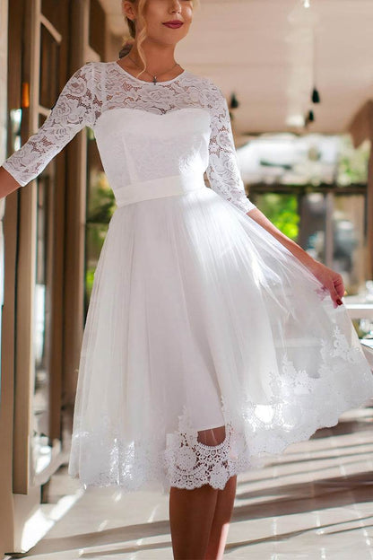 Lace Sleeve White Tea-Length Wedding Dress | 3/4 Sleeve A-Line Bridal Gown