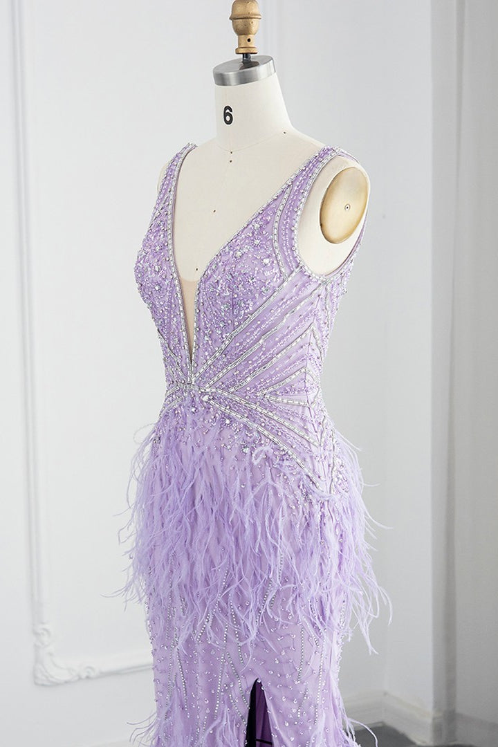 Sexy V Neck Mermaid Evening Dress Sheath With Feathers Open Back