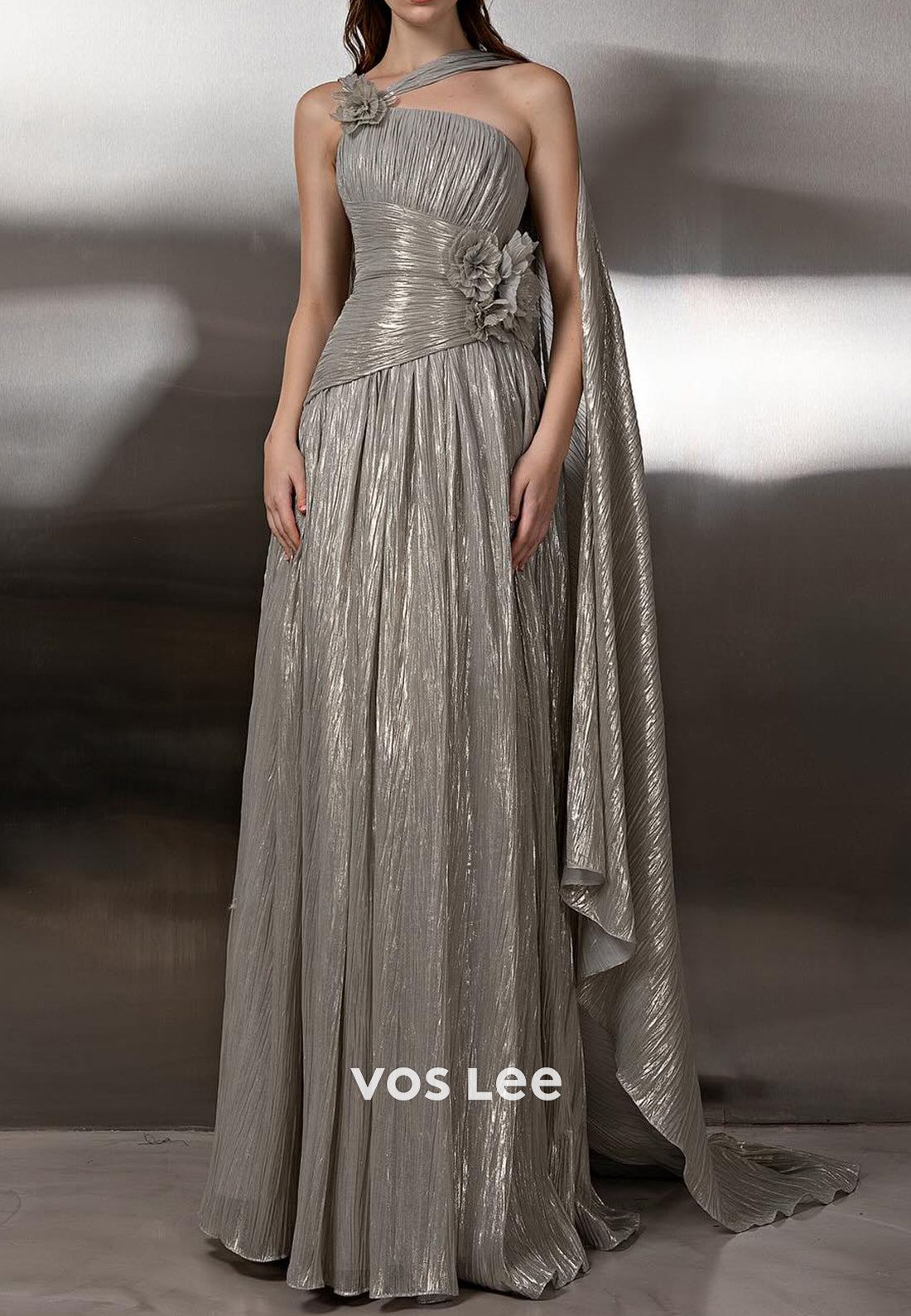 A-Line Asymmetrical Neck Flowers Pleated Evening Gowns with Sweep Train